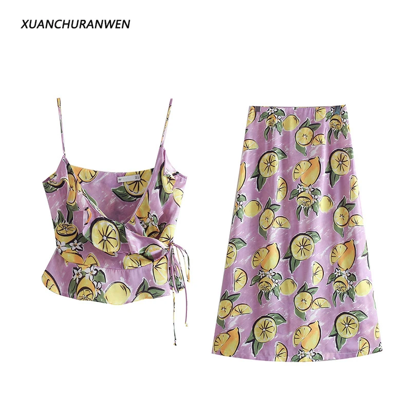 

Women Casual Floral Printed Camis Tops Mid Skirt Sets Ladies Slim Crop Top Shirts High Waist Summer Skirt Mid Calf Sets WB9314