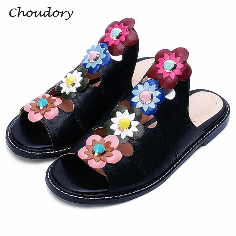 

Choudory Runway Leather Flats Woman Slippers Peep Toe Multi Colors Flower Studded Rivet Slides Ethnic Style Outside Shoes Woman