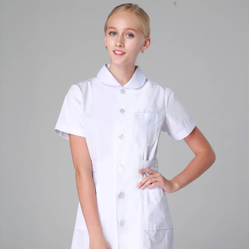 Униформа для медсестер длинный халат Больничная медицинская одежда сплошной цвет для женщин Лето и зима поли/хлопок мягкая ткань медсестры пальто - Цвет: Short sleeve 14