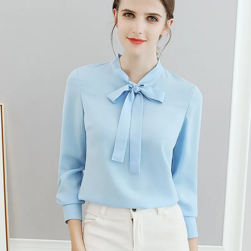 Women Blouse Tie Neck Stand Collar Blouse Elegant women Tops and blouses casual Solid chiffon blouses plus size women clothes