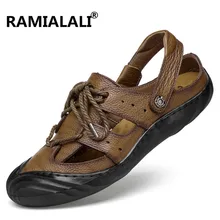 Ramialali/повседневные мужские сандалии из натуральной кожи; Мужская обувь; Модные дышащие пляжные летние мужские сандалии; кожаные шлепанцы; вьетнамки