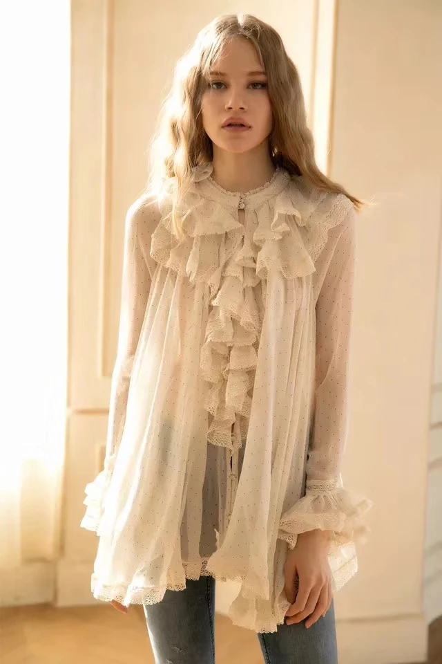 

Women's polka dot Silk Blouse Ruffled White Long Sleeve Ladies Tops Shirt