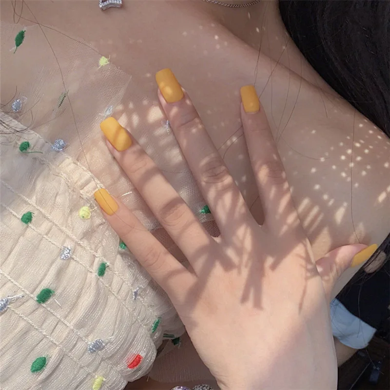 

24pcs Fake Nails Yellow Frosted Square Head Artificial French Multiple Colors Pointed Bridal False Nails Self-sticking Sticker