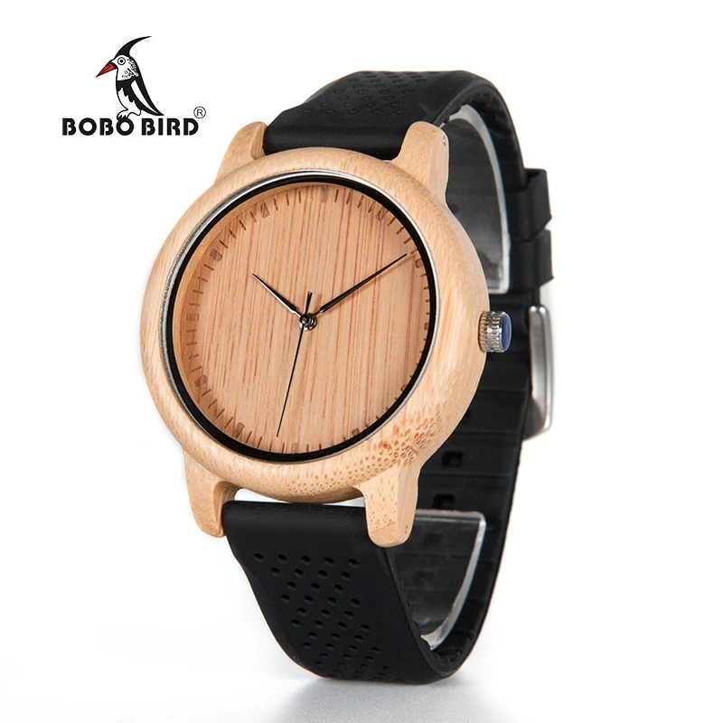 BOBO BIRD Bamboo Watches Men With Silicone Straps Quartz Movement Wrist Watch in gifts Box erkek kol saati