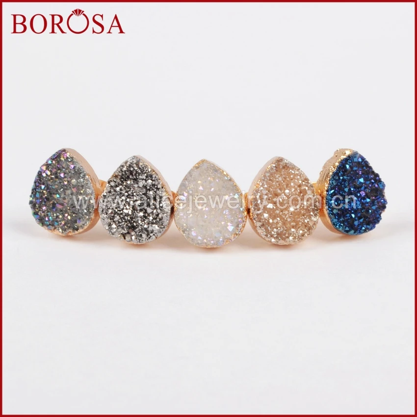 BOROSA распродажа, 5 пар, Золотая цветная слеза, Натуральный Druzy Титан, смешанные цвета, Drusy, серьги-гвоздики, ювелирные изделия для женщин G0912