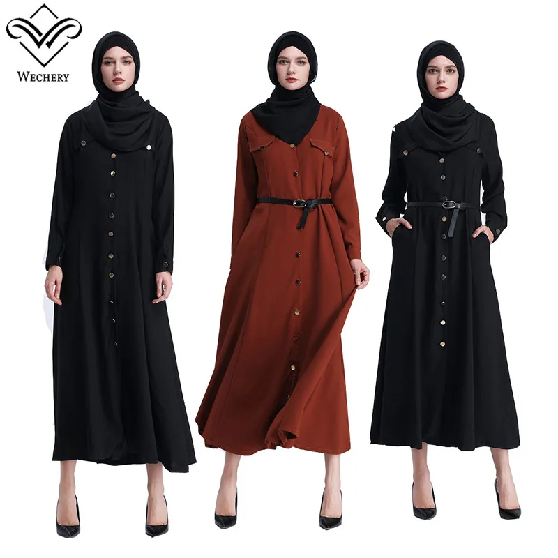 

Wechery Fashion Abaya Women Hijab Dress With Belt Buttons Decorated Islamic Turkish Dresses Pocket Design Spandex Abayas