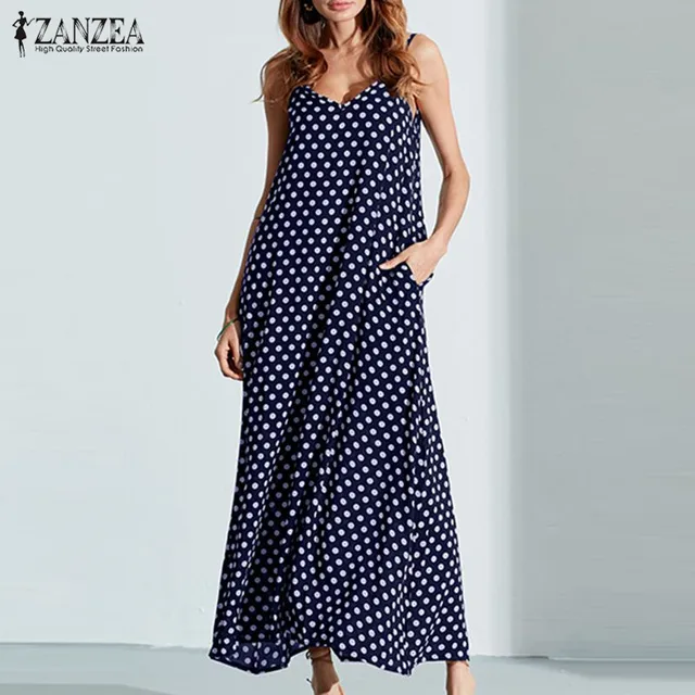 6XL Plus Size Summer Dress 2018 ZANZEA Women Polka Dot Print V Neck Sleeveless Sundress Loose Maxi Long Beach Boho Vintage Dress