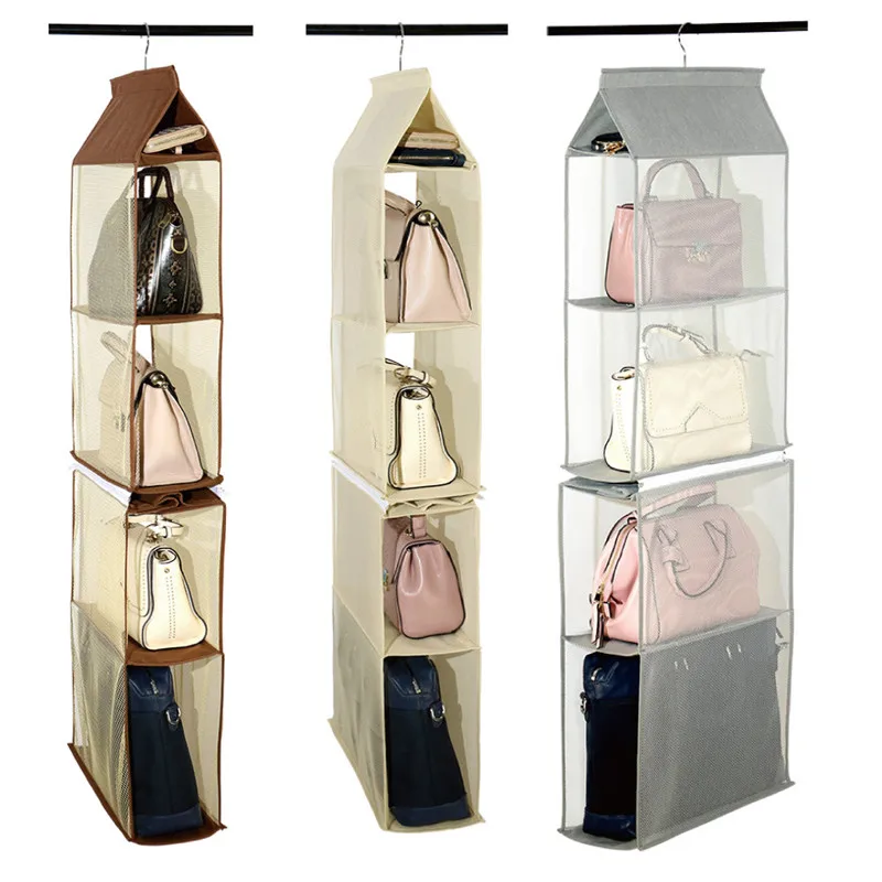 

4 Pockets Folding Hanging Handbag Organizer for Wardrobe Closet Non-Woven Storage Bag Clear Sundry Shoe Bag with Hanger Pouch