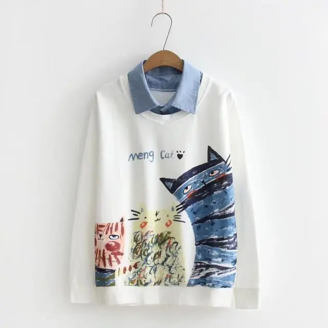 Faux Two Clothes Three Cat Printed Kawaii Sweatshirt Turn-dwon Collar Tops Outwear 2021 Casual Harajuku Hoodies Moleton Feminino | Женская