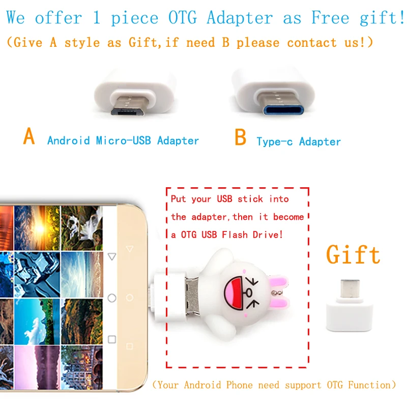 Cartoon Unicorn USB Flash Drives Pig Pen Drive 4GB 8GB 16GB 32GB 64GB With OTG Adapter For Android Phone Memory Stick Pendrives