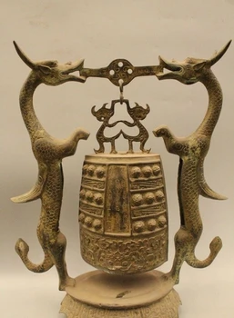 

19" Chinese Temple Buddhism Bronze Hang Two Dragon Shelf Flat Bell