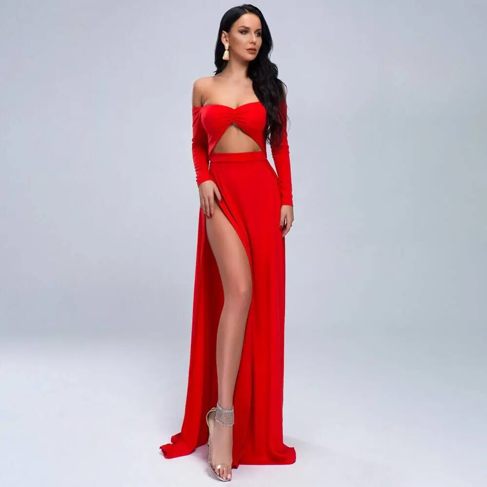 

Party Long Dress Red Black Celebrity Sexy Hollow Out V-Neck High Slit Women Elegant Pub Women Dresses