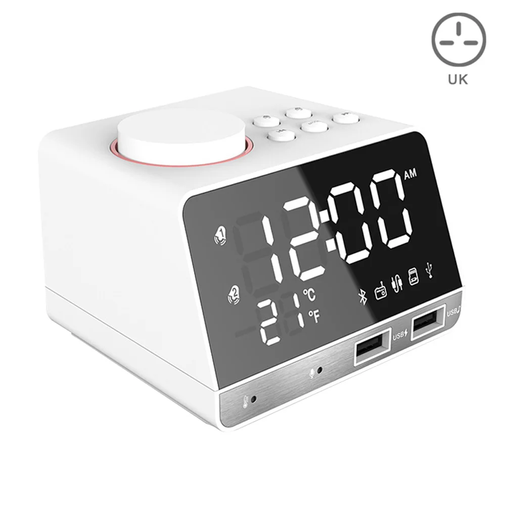 white UK Цифровой Будильник Bluetooth динамик с двумя портами usb светодиодный температурный дисплей для дома - Цвет: white UK