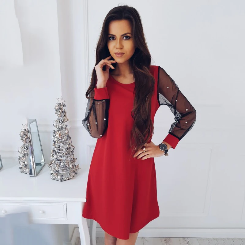

2018 spring new fashion women mesh patchwork Straight dress casual o-neck long sleeve loose beaded dresses Plus size