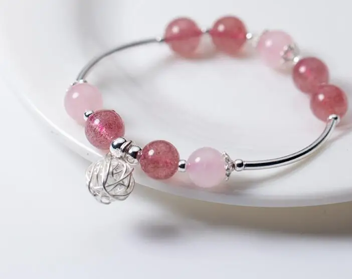 

100% настоящие. Ювелирные изделия из серебра 925 пробы, Браслет-манжета с натуральным клубничным кварцем и натуральным розовым кристаллом GTLS565