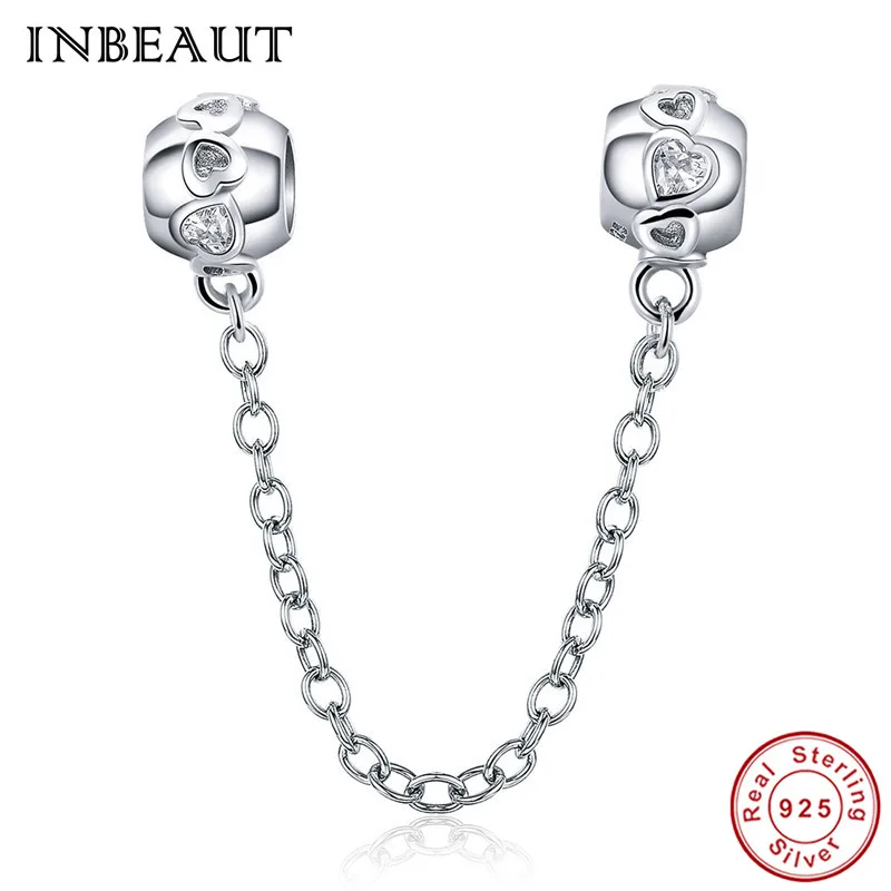 

INBEAUT 100% 925 Sterling Silver White Cubic Zirconia Heart Stack Safety Chain Charm fit Original Bracelet S925 Jewelry Making