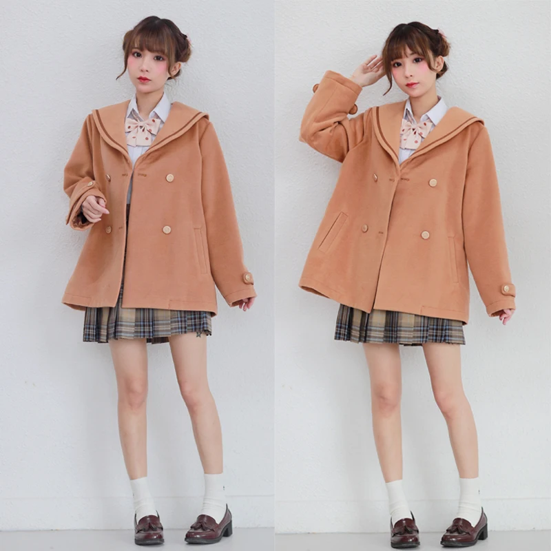 

Princess sweet lolita coat Autumn and Winter Sailor Collar Double-row Button Flexible College Wind Girl Wool Overcoat LG021