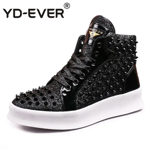 Elevator Rivet Stud Lace Up Skate Black Glitter Shoes