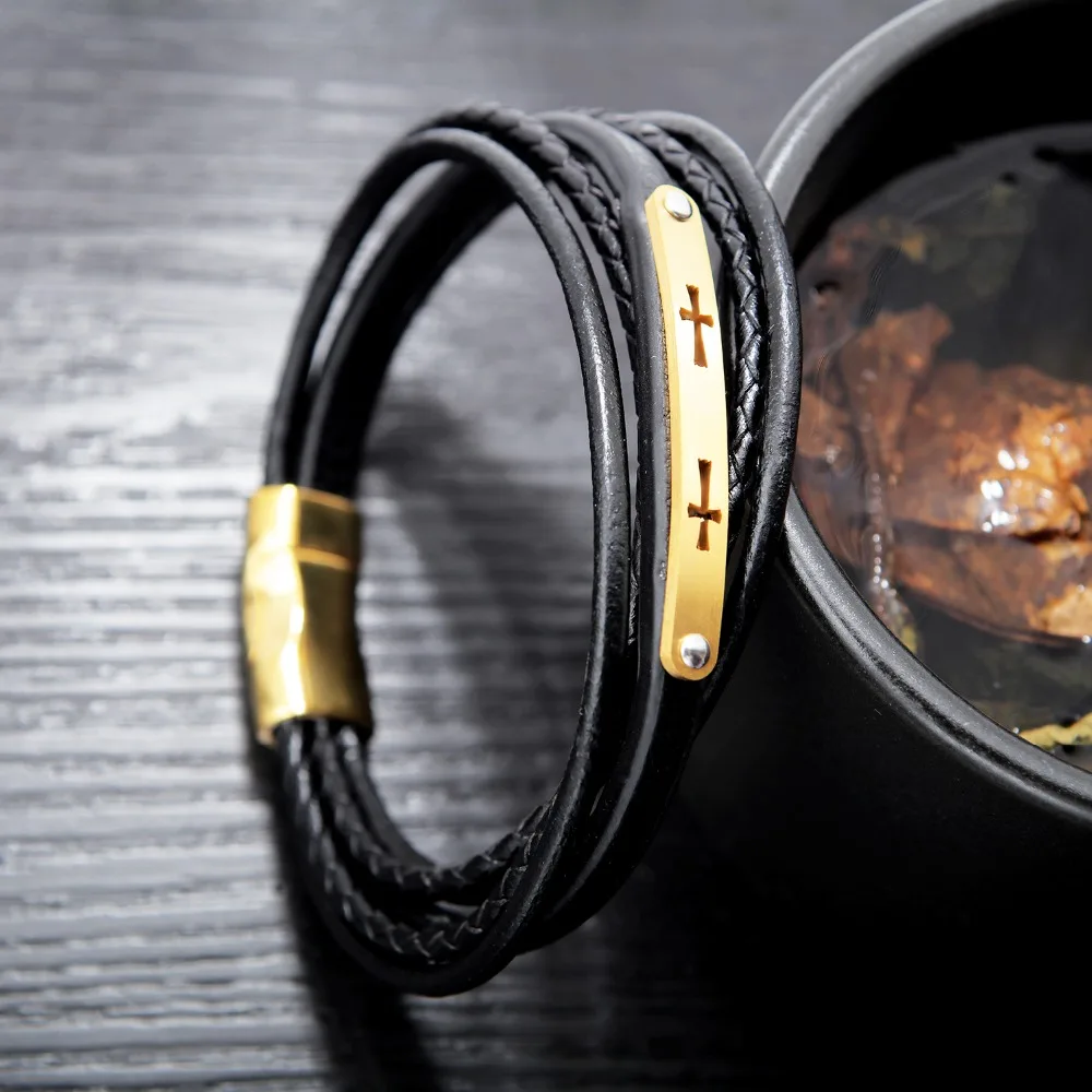 FATE LOVE New Male Men Statement Wrap Bracelets & Bangles Jewelry Black PU Leather Cross Wristlet Fashion Jewelry