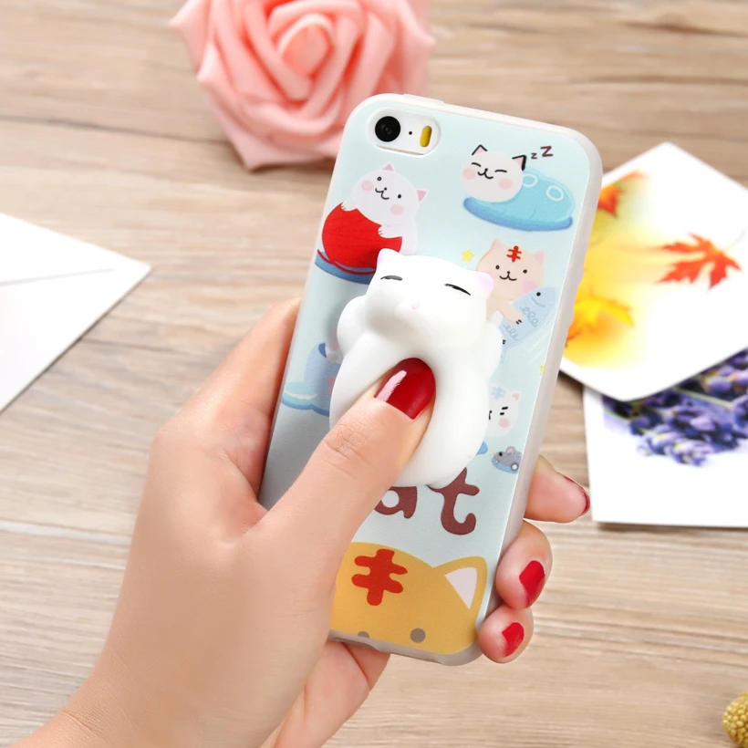 TOMOCOMO Cute Lucky 3D Cat Kitty Squishy Cartoon Animals Seal Stress Soft Phone Case For iPhone 7 7Plus 6S 6Plus 8 8Plus SAMSUNG