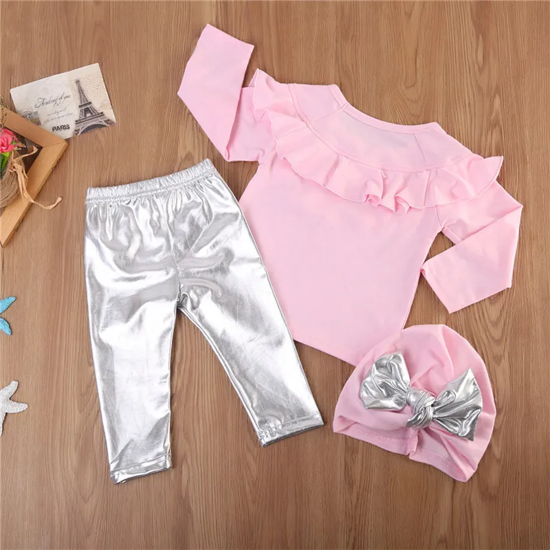 Стиль новорожденных Одежда для маленьких девочек топы с длинными рукавами+ длинные Леггинсы для женщин Брюки для девочек+ Шапка, комплект из 3 предметов Одежда для малышей Комплект