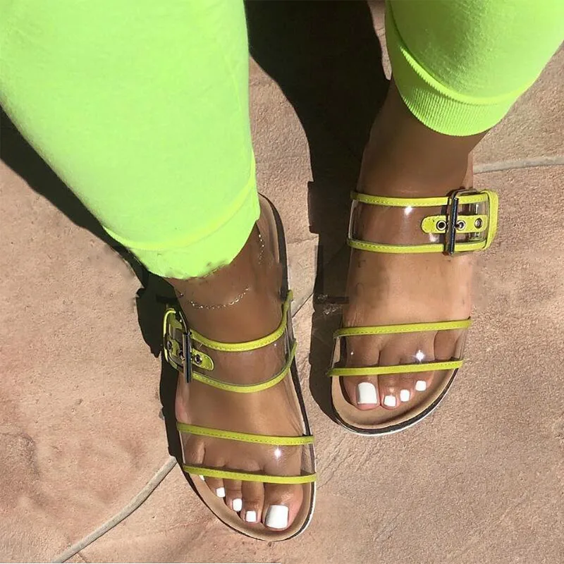 

Women Slippers Summer Flat Transparent Jelly Slides Open Toe Buckle Strap Flip Flops Female Outdoor Slip On Beach Shoes 2019
