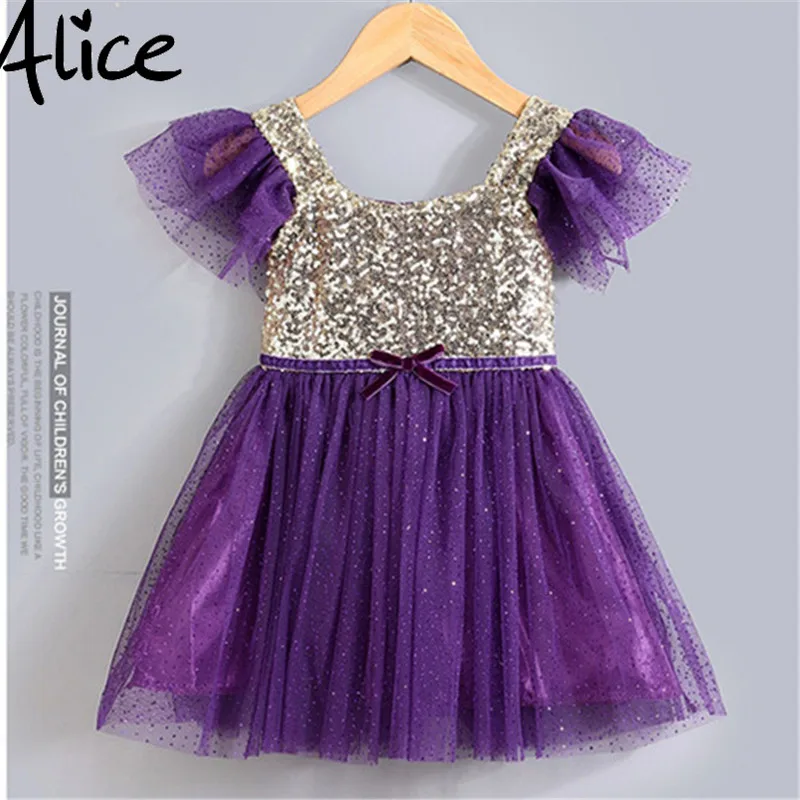 

2017 new Girls party dress with sequins fly sleeve purple pink tutu veil Kids girls clothes children dresses 2-7y free shipping