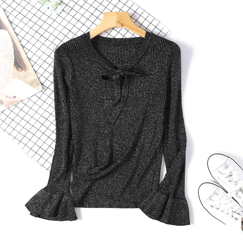 

Shiny Lurex Slim Women Sweater Knitted Sweater Lace Up Bow Flare Long Sleeve Ruffle Knitting Pullover Womens Sweaters Black