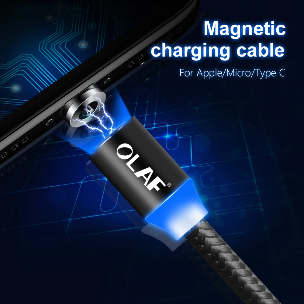Магнитный кабель OLAF 2 м Micro USB Type C для Samsung S8 S9 Plus Huawei Mate P20 pro светодиодный