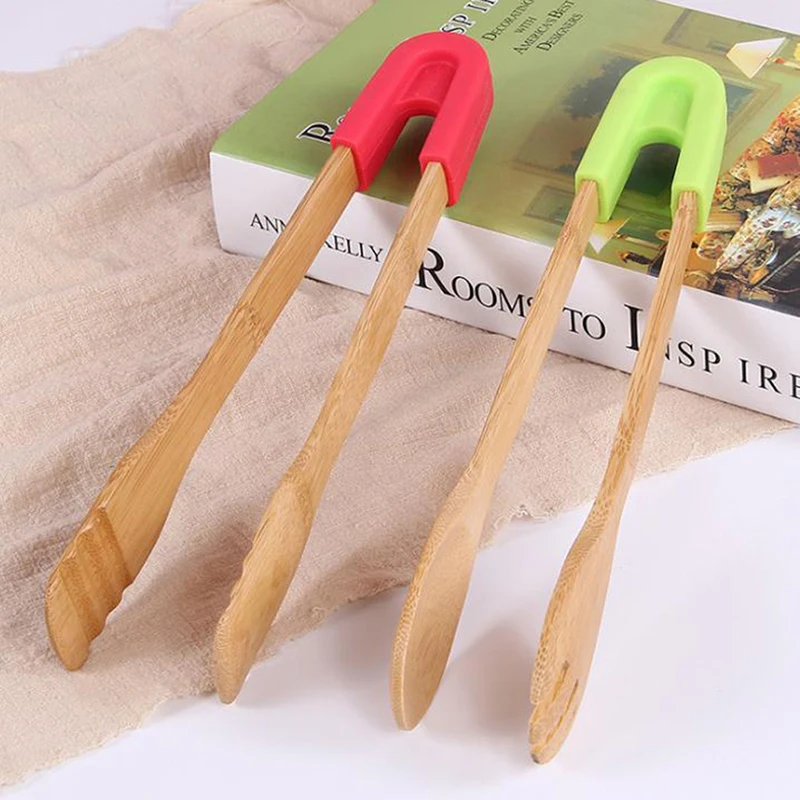 Bamboo Food Toaster Tongs Wooden Salad Cake Snack Clip Grip Silicone