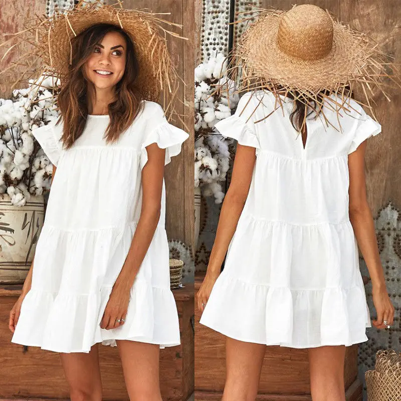 

Fashion Casual Womens Ladies Dresses Summer Short Sleeve Mini Tank Dress Sweet Loose Beach Sundress Red White Yellow