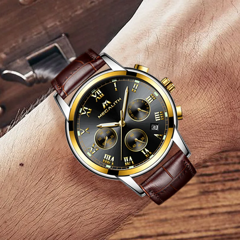 MEGALITH Gents Quartz Watches Man Wristwatch Waterproof Luxury Multifunction Business Leather Brown Stainless Hombre Clock