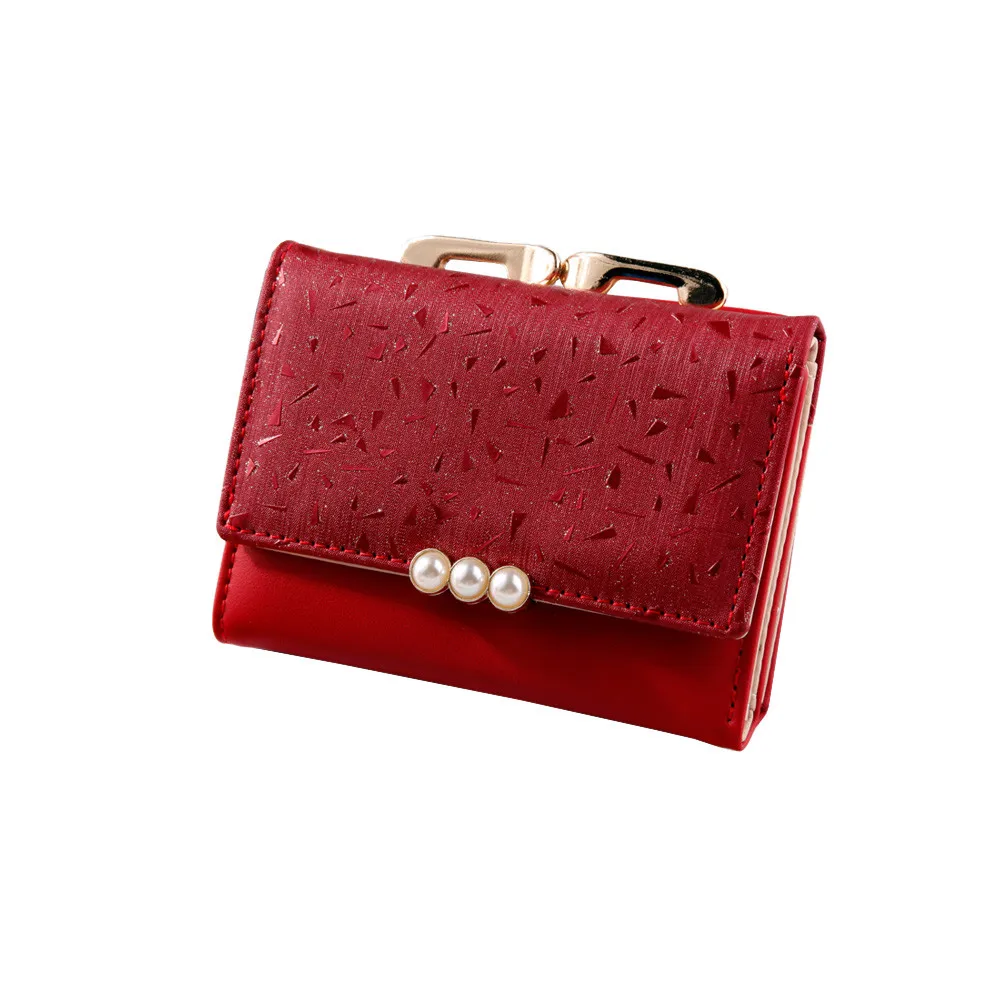 Перламутровый элемент Trifold женские кошельки короткий мягкий кожаный Дамский кошелек с зажимом дизайнерский карман для монет держатель для карт женский кошелек - Цвет: Красный
