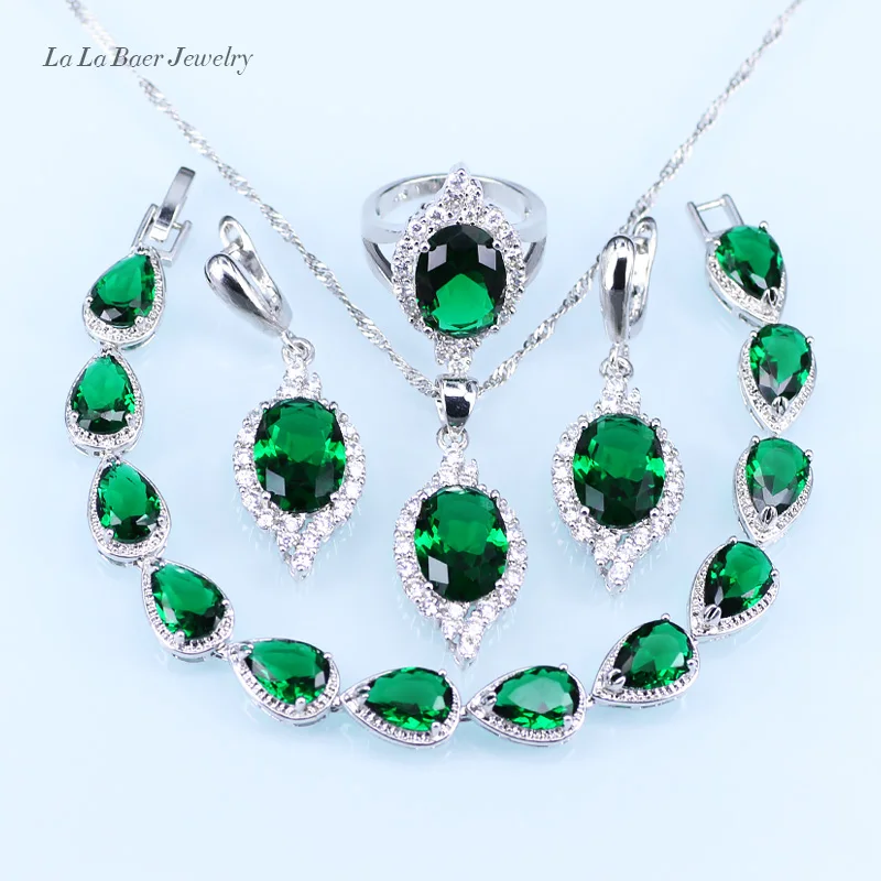 Green created Emerald White Zircon Silver 925 costume Jewelry Sets