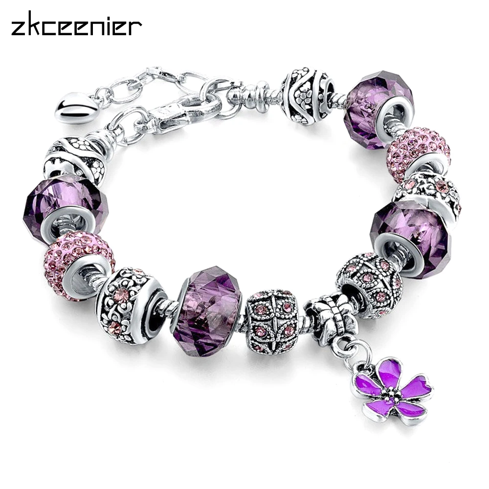 

ZKCEENIER European Style Crystal Charm Brand Bracelet Vintage Silver Plated Fit DIY Original Women Bracelet Jewelry Gift