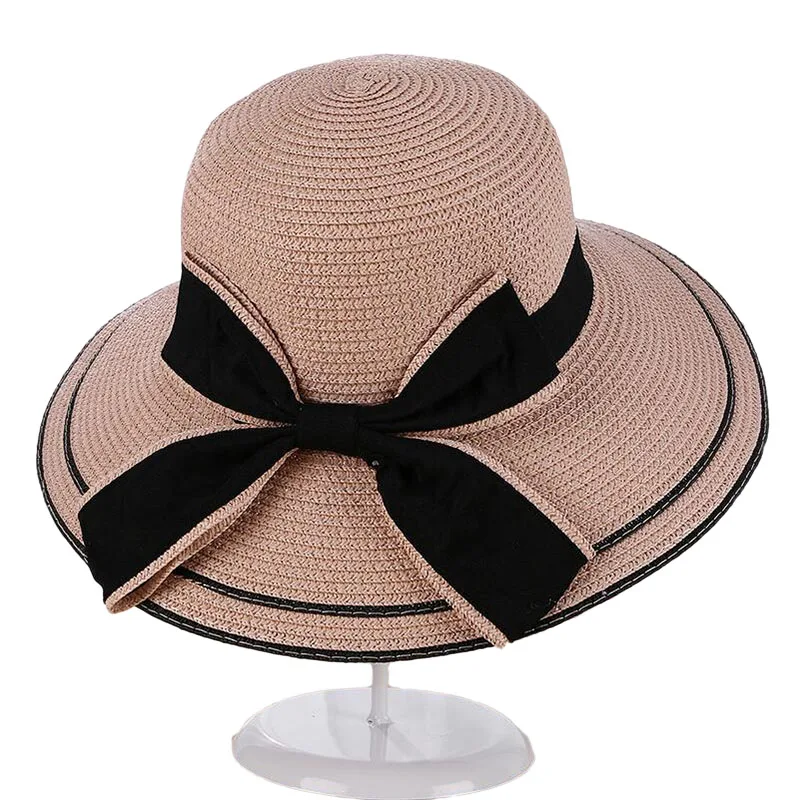 SUOGRY, шляпа от солнца, большой черный бант, летние шляпы для женщин, складная Соломенная пляжная Панама, шляпа с козырьком, с широкими полями, для женщин, новинка