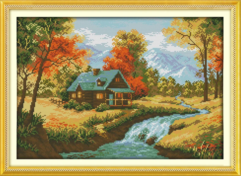 

The autumn stream Counted Cross Stitch 11CT Printed 14CT Set DIY Chinese Cotton Cross-stitch Kit Embroidery Needlework