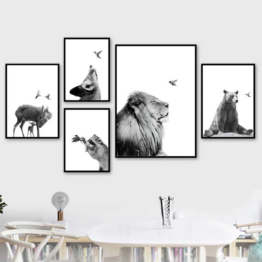 Милый медведь коала олень лиса птица черно-белые скандинавские плакаты и принты настенные художественные картины на холсте настенные картины для декора гостиной
