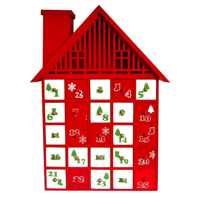 

25*30CM House Advent Calendar Wooden Candy Box Christmas Tree Pattern Red New Year Countdown Gifts Decorations For Home
