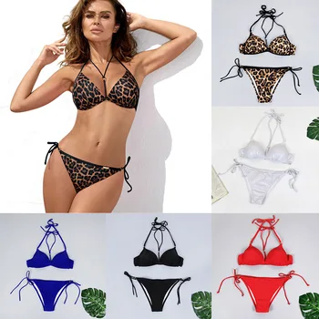 

Sexy String Thong Bikini 2019 Leopard Swimsuit Women Push Up Swimwear XXL Biquini Halter 2 Pcs Beachwear Padded Bra Bathing Suit
