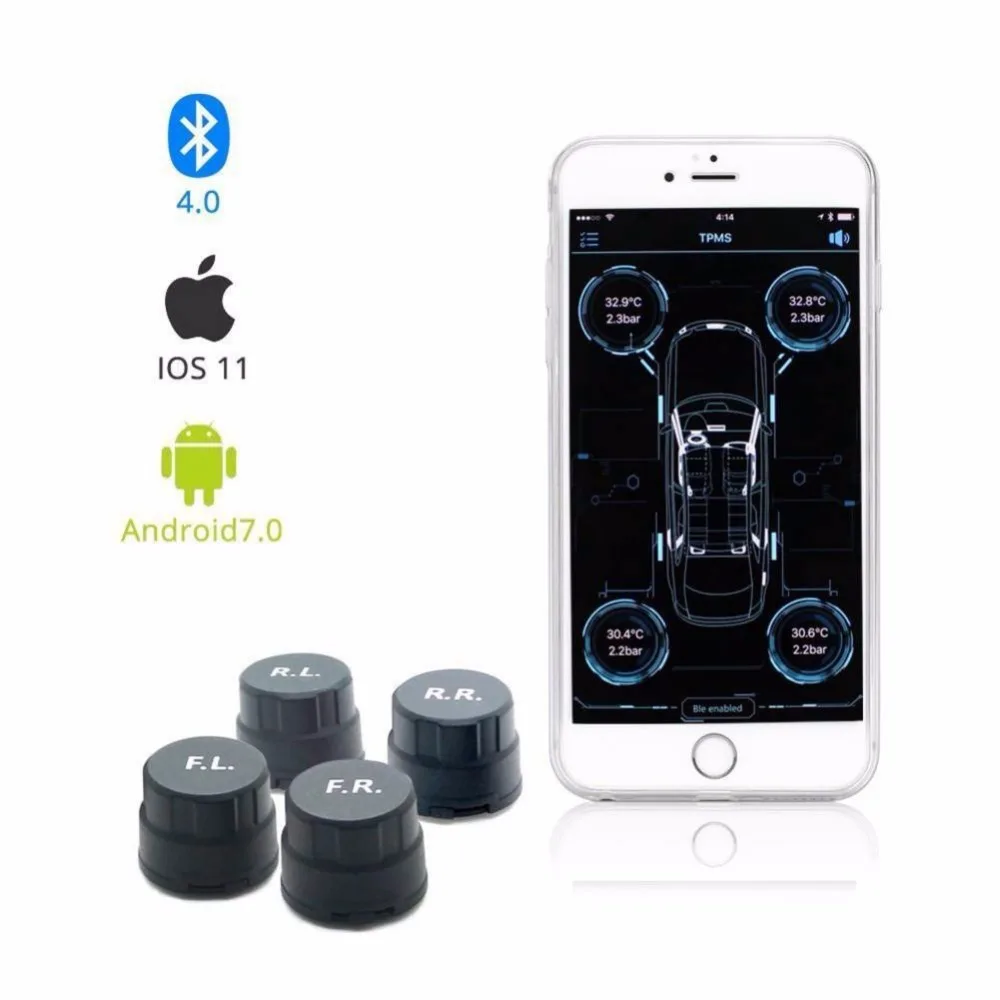 

Auto Tire Pressure Monitoring Kit Bluetooth Built-in VC601A/B 4 Sensors TPMS Alarm System For Android / IOS Car Accessories