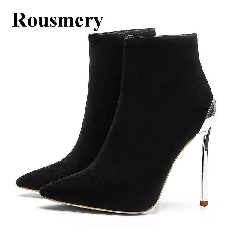 

Black Flock Pointed Toe And Thin High Heel Side Zipper Genunie Leather Metal Heel Fashion Simple Winter Women Ankle Boots