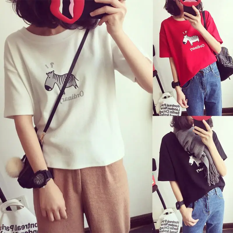 

Yfashion Summer T-shirt Women Zebra Cartoon Pattern Print T Cotton T Shirts Round Collar Casual Lady Tee for Female