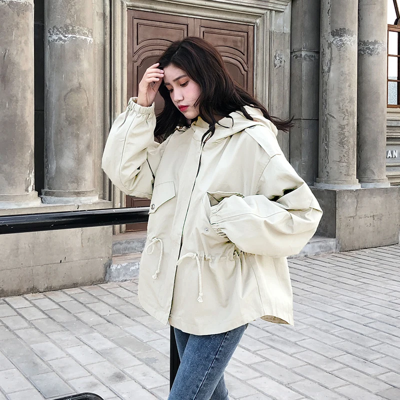 Beste FTLZZ Nieuwe Losse Trenchcoat Lente Herfst vrouwen Hooded Zwart Groen Windjack Bovenkleding Vrouwelijke Casual Trenchcoat