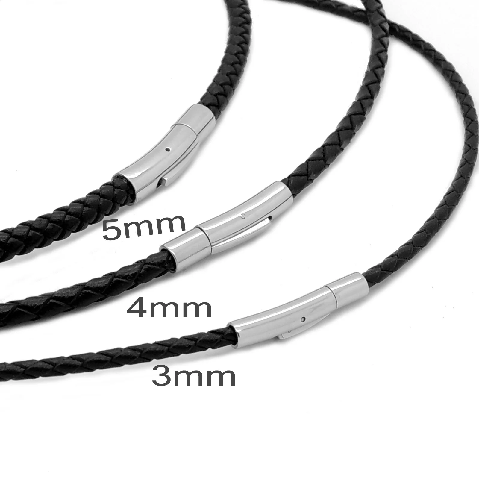 3/4/5mm Mens Womens Black Braided Genuine Leather Cord Stainless Steel