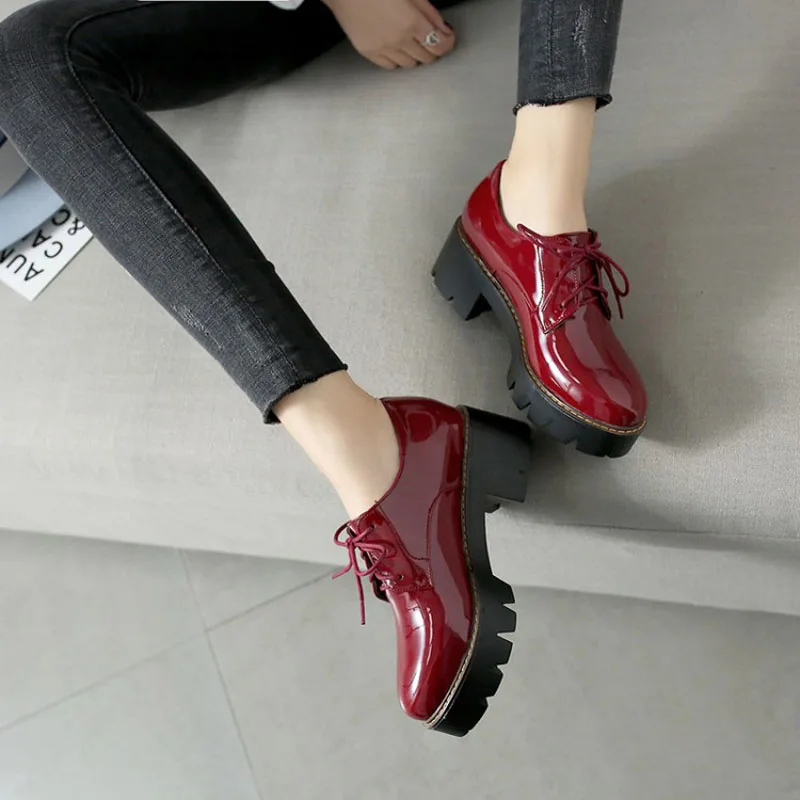 Platform Shoes Woman High Thick Heels Oxford Shoes For Women Patent Leather Creepers Casual Oxfords Spring Pumps Women Shoes Red (5)