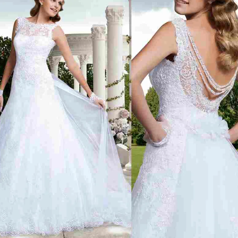 

Romantic 2015 Backless Lace Wedding Dress Exquisite Appliques Beaded Flowers Vestido De Noiva A-Line Wedding Gowns