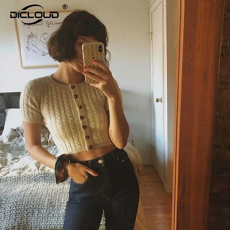 

Elegant Knitted Crop Top Women 2019 Summer Fashion Tops T Shirts Casual Solid Color Short Sleeve Tshirt Unif Tee Shirt Femme