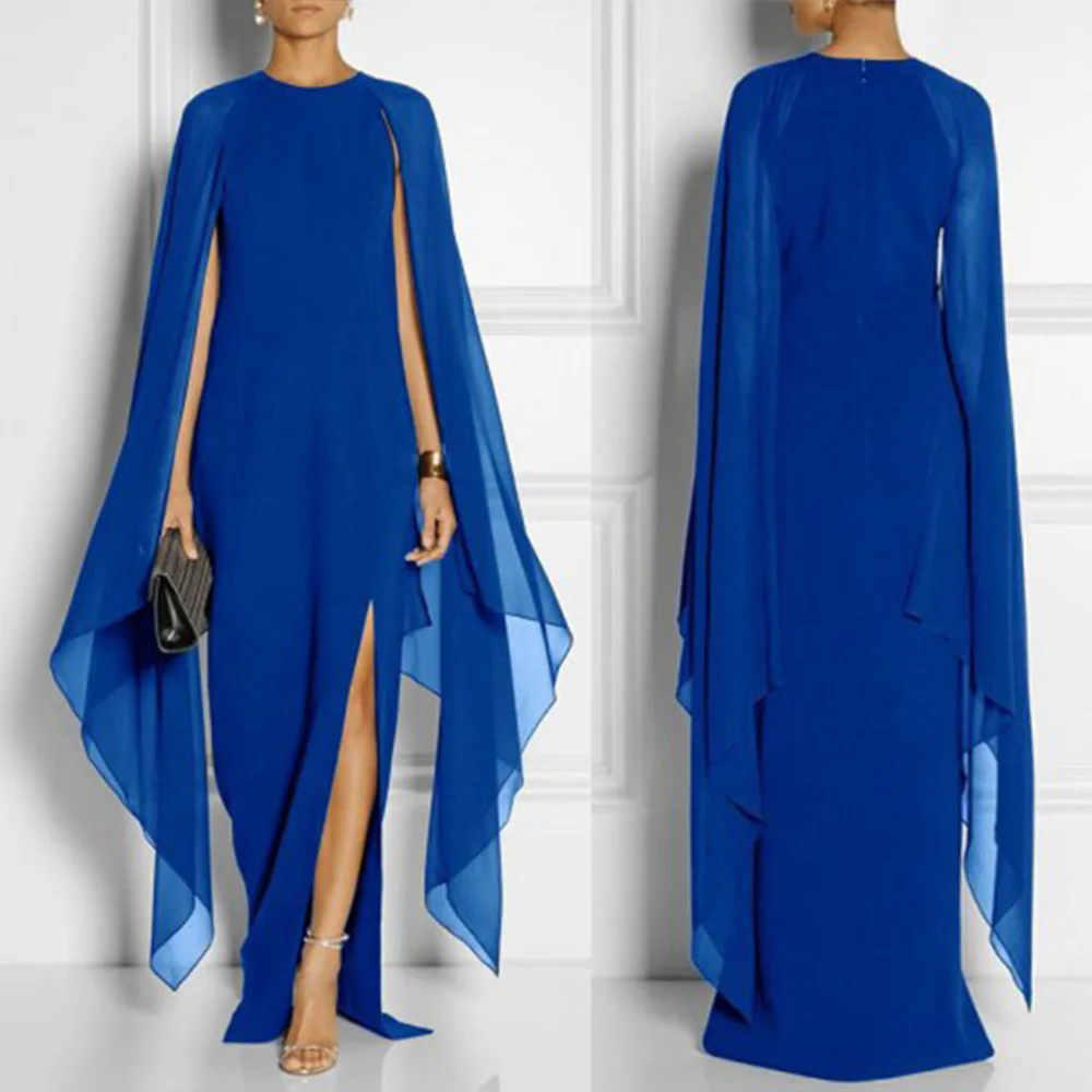 

Autumn Winter Evening Party Dresses Women Fashion Batwing Long Sleeve Chiffon Dress Sexy Side High Split Long Maxi Dresses