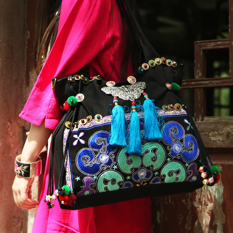 Хмонг ручной вышитые женские сумки Винтаж этнические сумки модная парусиновая кисточкой плеча сумки